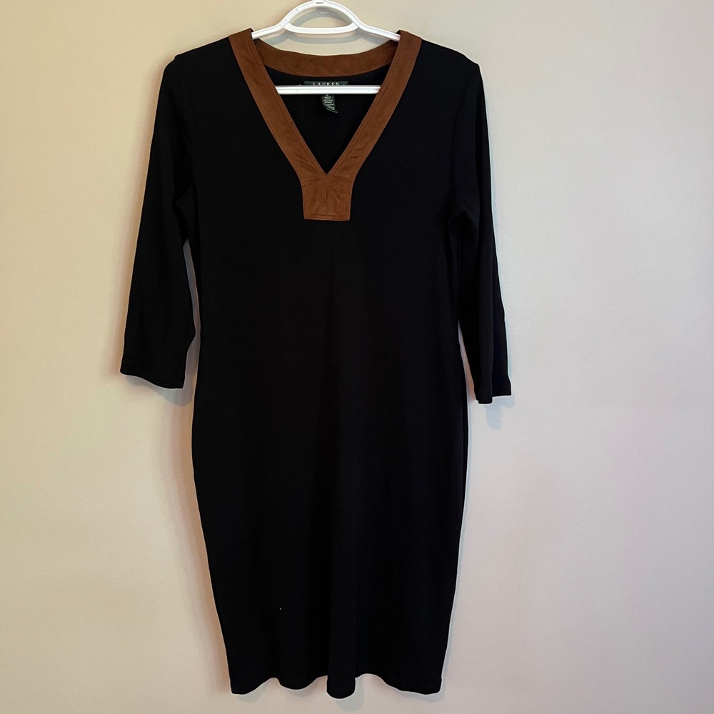 Lauren Ralph Lauren Black Cotton V-Neck Sheath Dress Trim 3/4 Sleeve M Chic
